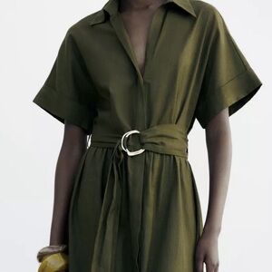 Zara Linen Cotton Blend Green Midi Dress Medium